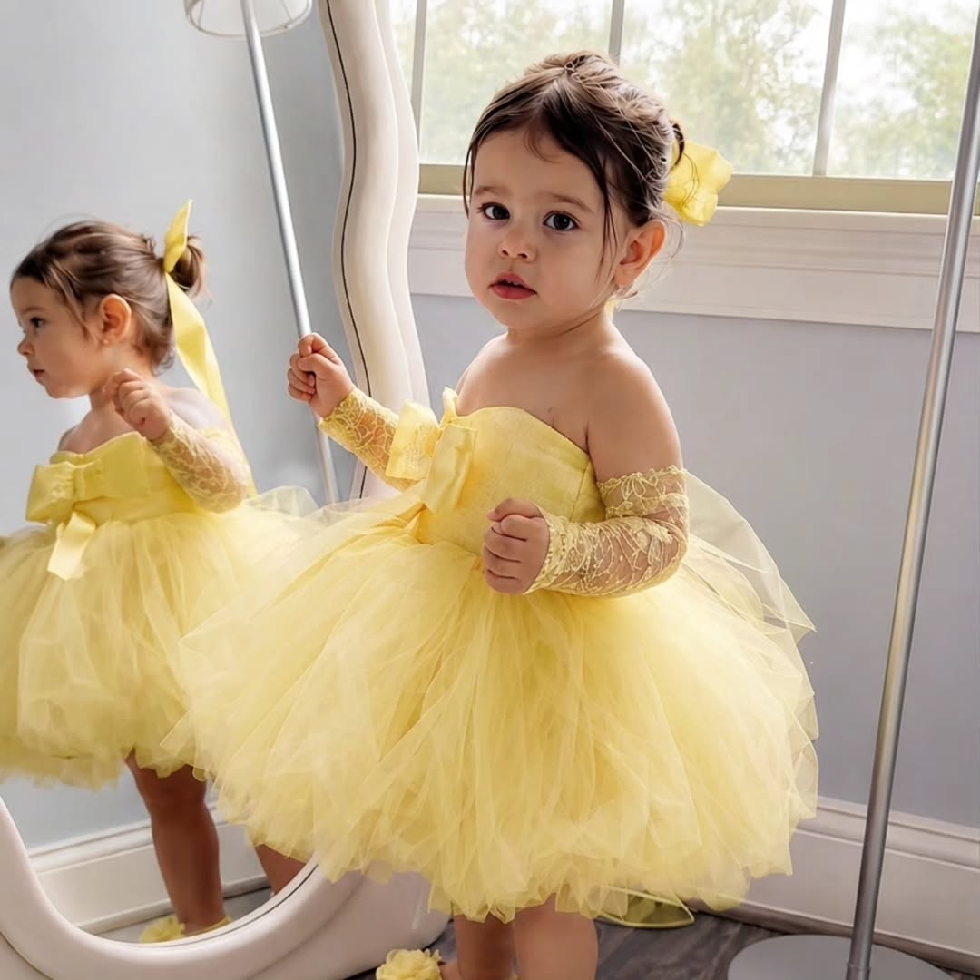 Embroidery Yellow Dress - Prinzessin Gelbes Blumenmädchenkleid für Hochzeit, schulterfrei,