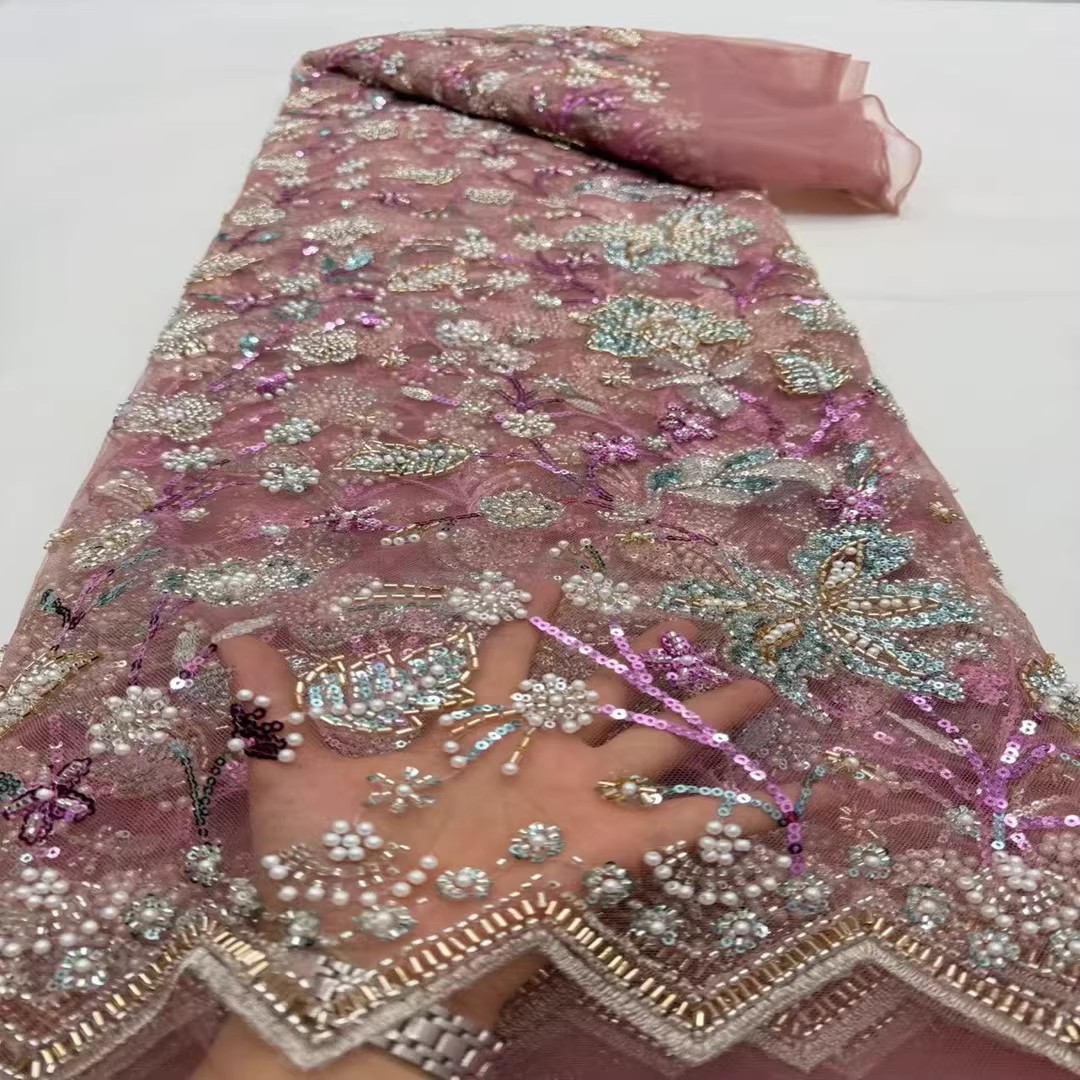 Embroidery Wedding - 5 Yard Pailletten-Perlenrohr-Stickereistoffe für Kleidung, luxuriöse