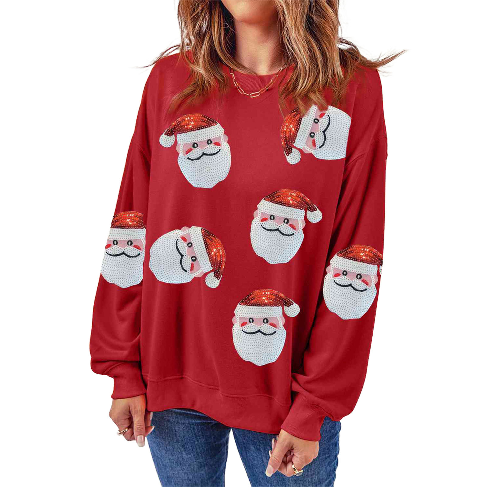 Embroidery Online Designs - Weihnachtspullover mit Rundhalsausschnitt, Hoodie mit Weihnachtsmann-Kopf-Design,
