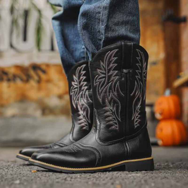Embroidery Yes - Neue Herren-Stiefel mit Stickerei, Retro-Handarbeit, Western-Cowboy-Stiefel,
