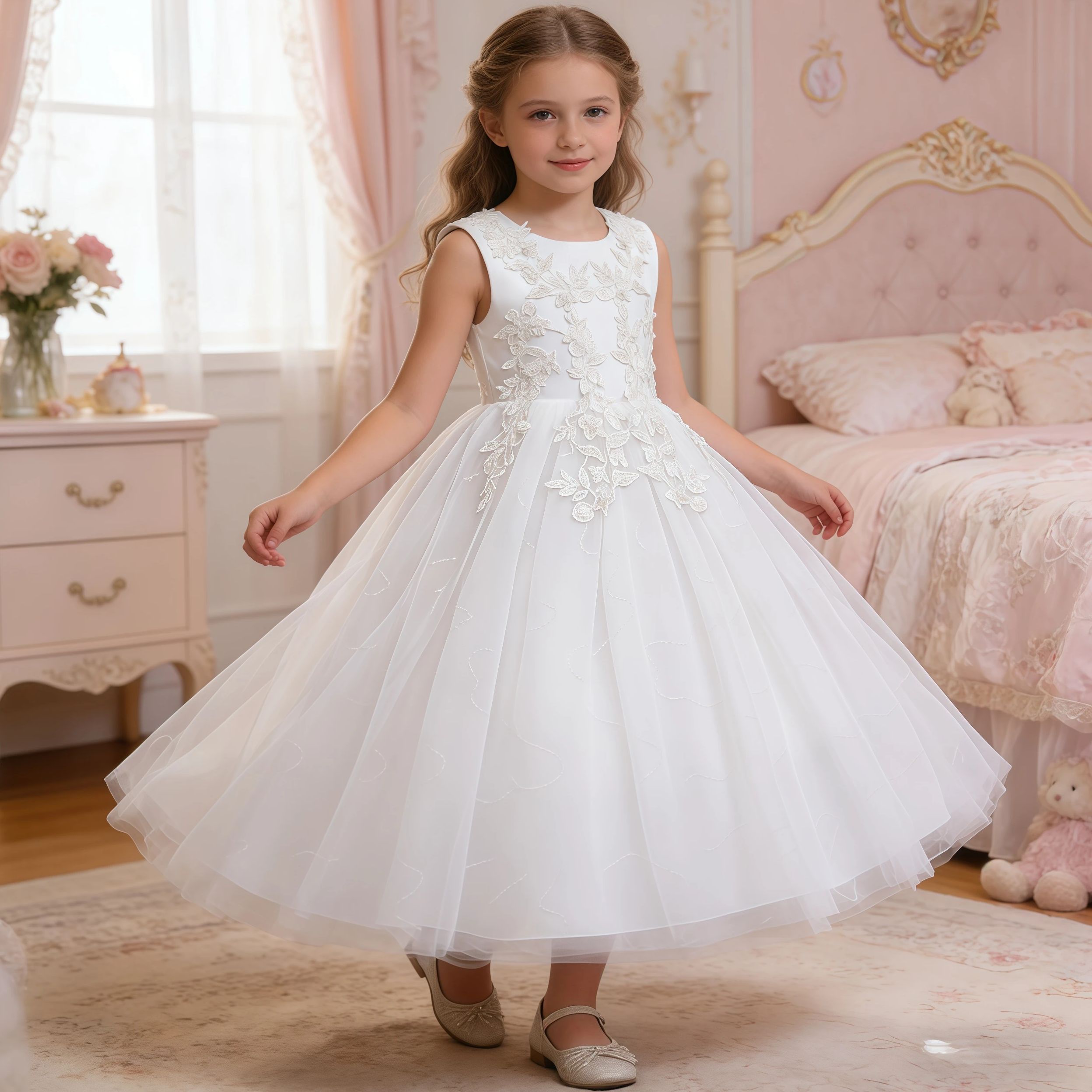 Embroidery White Dress - Langes weißes Kleid mit Pailletten-Stickerei für