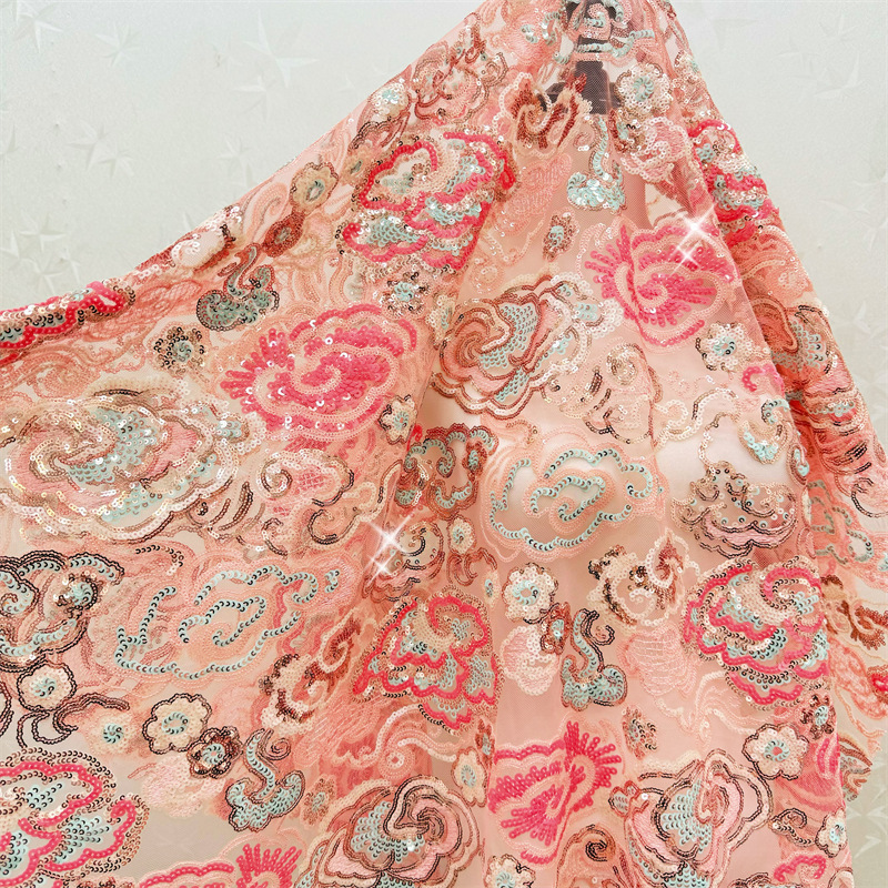 Embroidery Wedding - 2 Yards/Lot 130cm Breiter Rosa-Lila Blumen-Stickerei-Pailletten-Spitzenstoff,