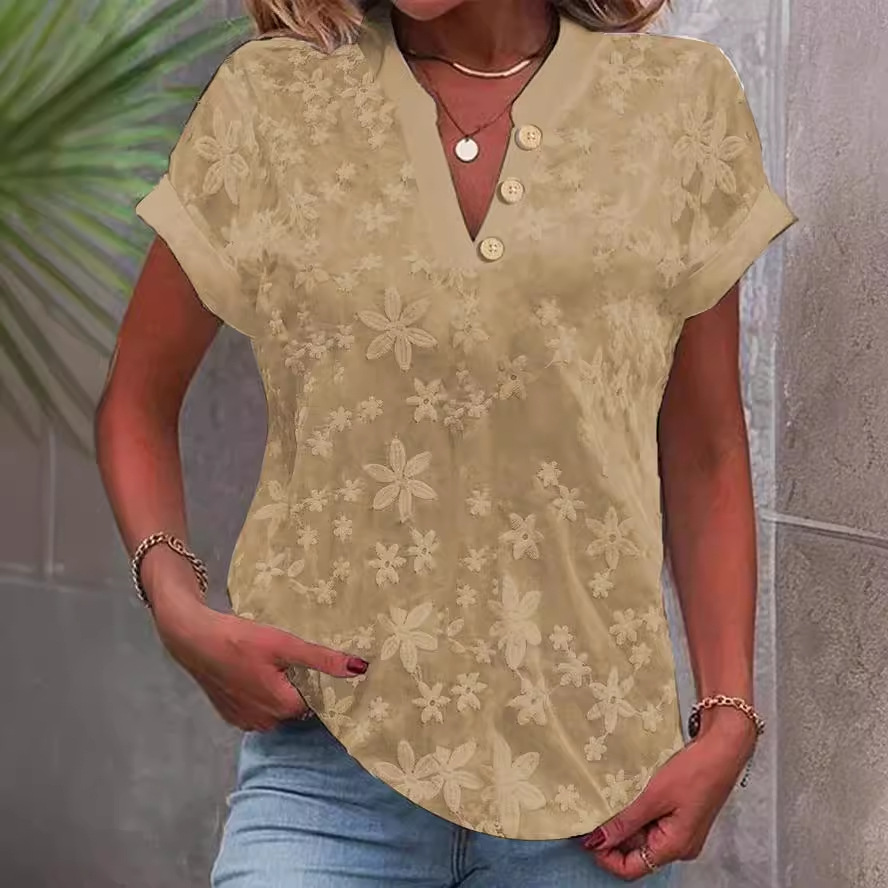 Embroidery Jersey - Damen-Bluse mit Blumenstickerei, V-Ausschnitt, kurzen Ärmeln