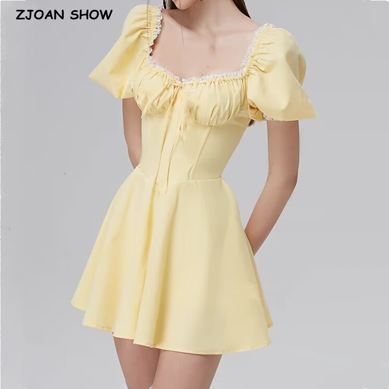 Embroidery Yellow Dress - Süßes Gelbes Spitzen-Bodycon-Kleid im Korsett-Stil für