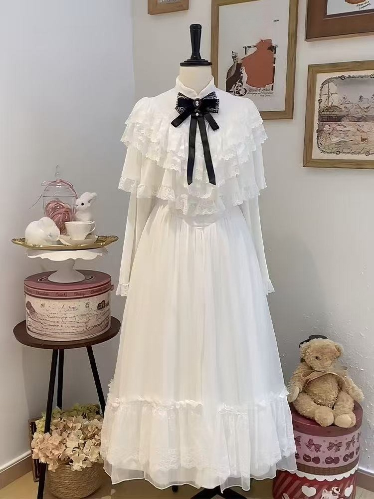 Embroidery White Dress - Japanisches Kurzarm-Spitzenkleid mit Schleife, weiß, schmaler