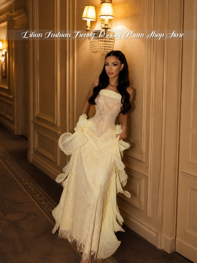 Embroidery Yellow Dress - Hellgelbes Trägerloses Ballkleid im Nahost-Stil Maßgefertigtes