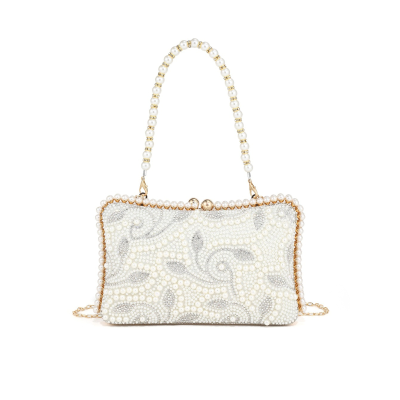 Embroidery White Dress - Damen-Clutch mit Perlen und Blumen-Strass-Stickerei, Hartschalen-Handtasche
