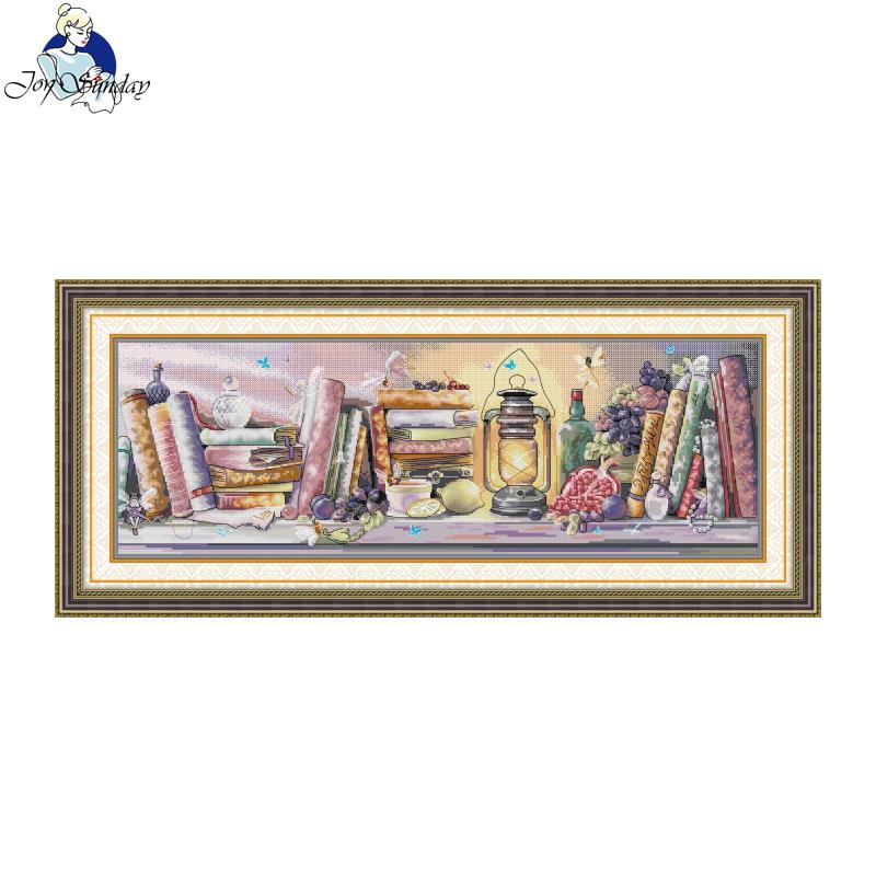 Embroidery Cream - Kreuzstich-Set Joy Sunday, Öllampe, Bücherregal, HD-Muster,