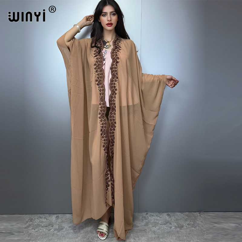 Embroidery Abaya - WINYI Boho Kimono Chiffon Stickerei Strickjacke