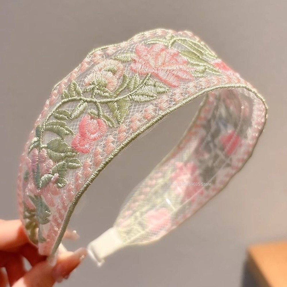 Embroidery Hooping - Frühlings-Spitzen-Stirnband mit Blumenstickerei, Neues Elegantes Chiffon-Breitrand-Haarband