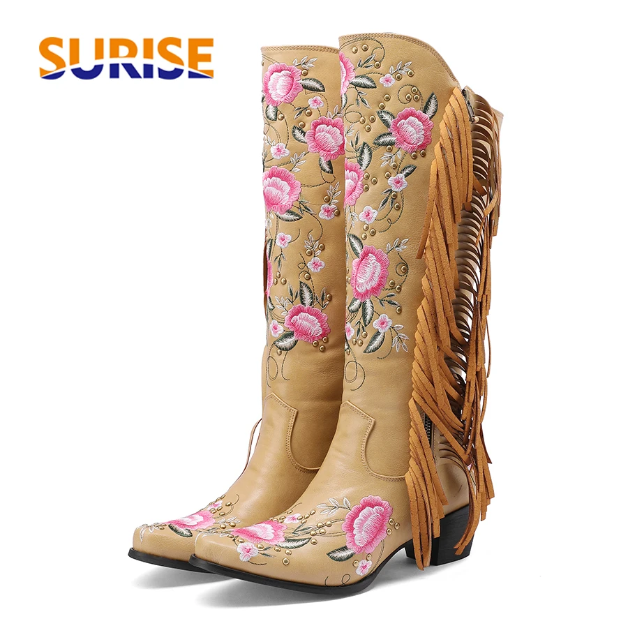 Embroidery Yes - Mode Stickerei Blume Western Kniehohe Stiefel