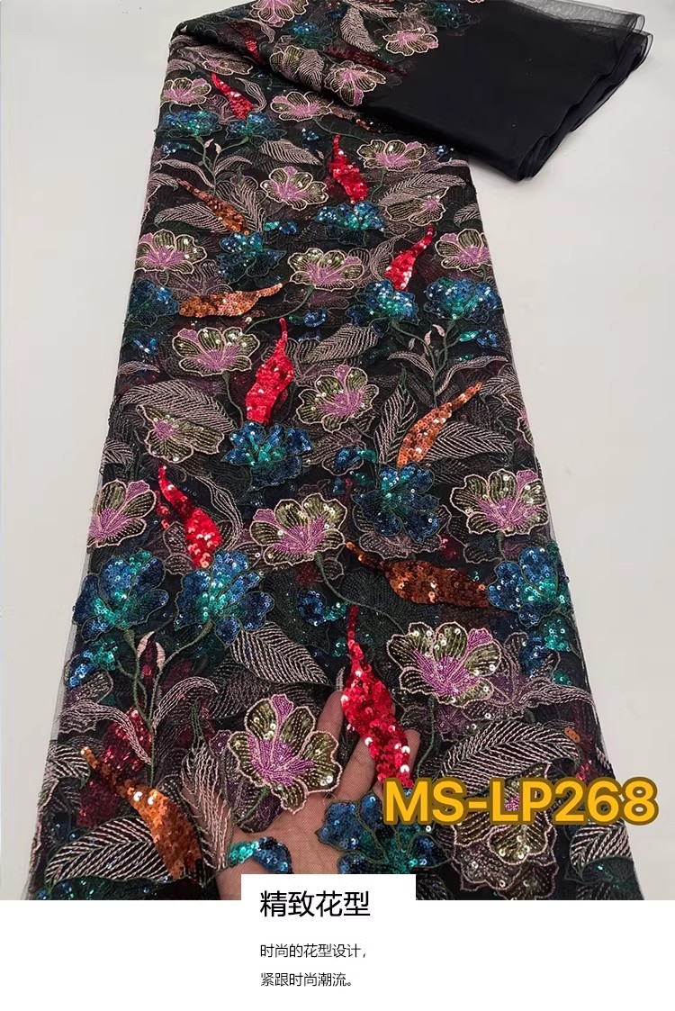 Embroidery Abaya - 1 Yard Luxuriöser, zweifarbiger Perlen-Blumen-Pailletten-Stickstoff für