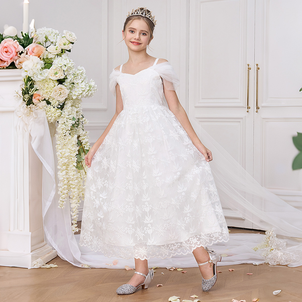 Embroidery White Dress - Elegantes weißes Brautjungfern-Party-Mädchen-Kleid, modisch, Tüll, Hochzeit,
